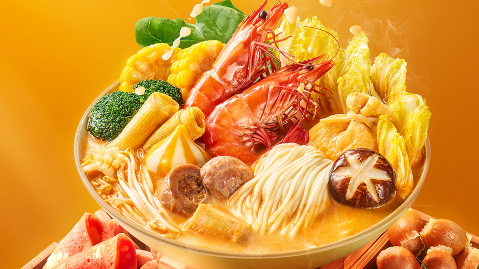 Super Seafood Combo features a bowl of savory broth - based hot pot with noodles, assorted seafood like shrimp, meatballs, and fish dumplings, vegetables such as corn, broccoli, and baby corn at YGF Malatang, a Chinese restaurant in Daly City
