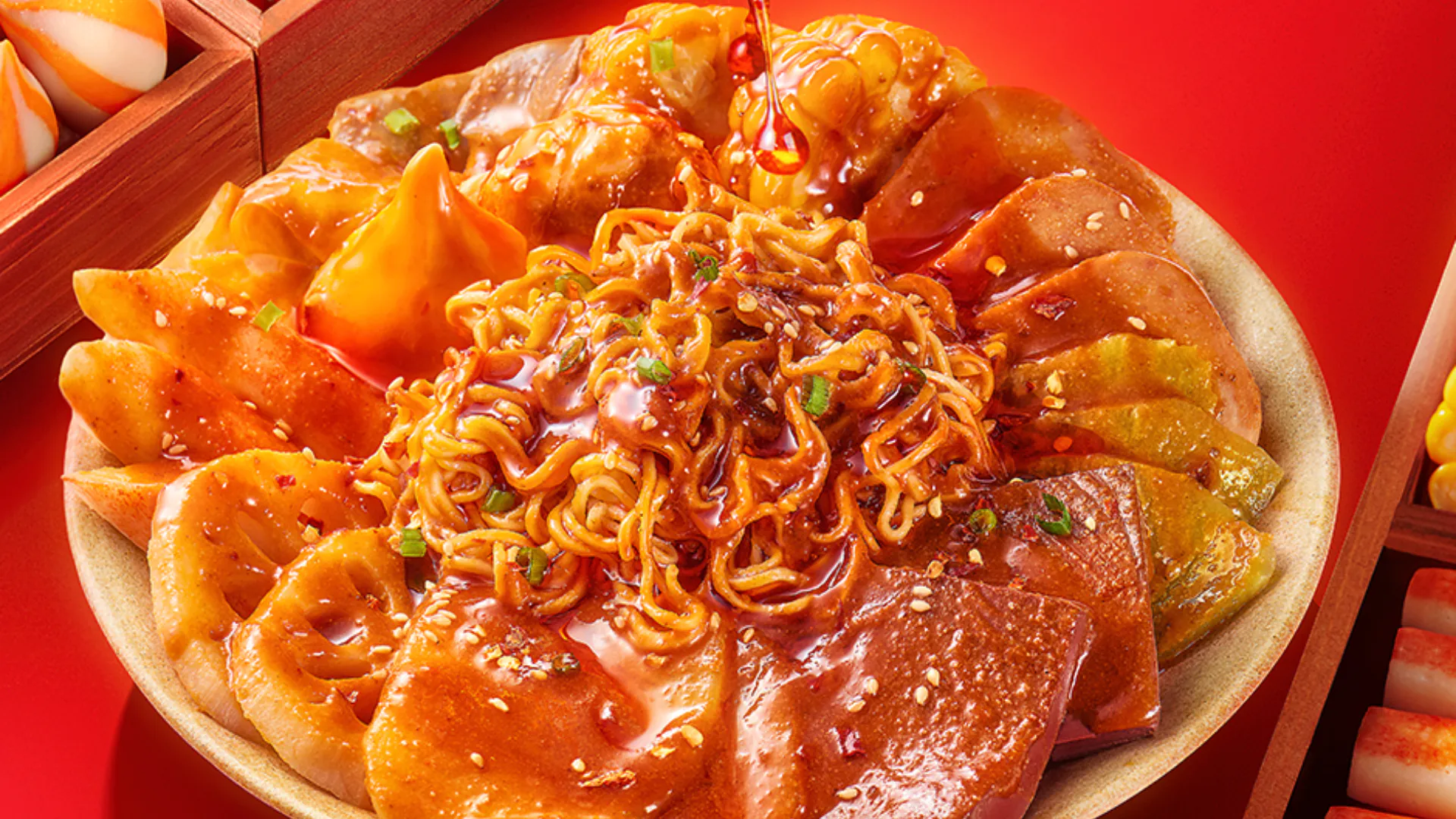 YGF Special features a plate of spicy sauce - coated hot pot with noodles, assorted ingredients like lotus root slices, vegetables, and meat, garnished with sesame seeds and scallions at YGF Malatang, a Chinese restaurant in Daly City